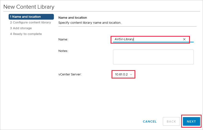 Képernyőkép az új tartalomtár nevéről és a vCenter Server IP-címről.