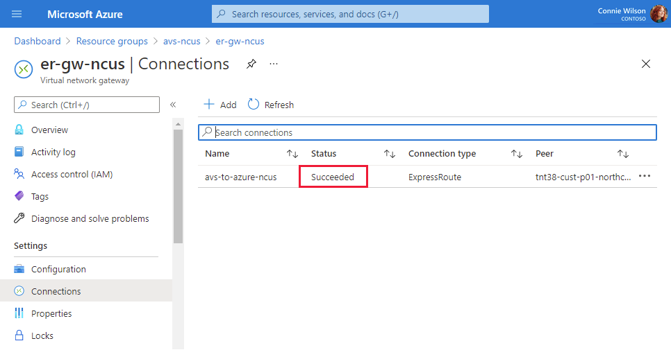 A sikeres virtuális hálózati átjárókapcsolatot bemutató képernyőkép.