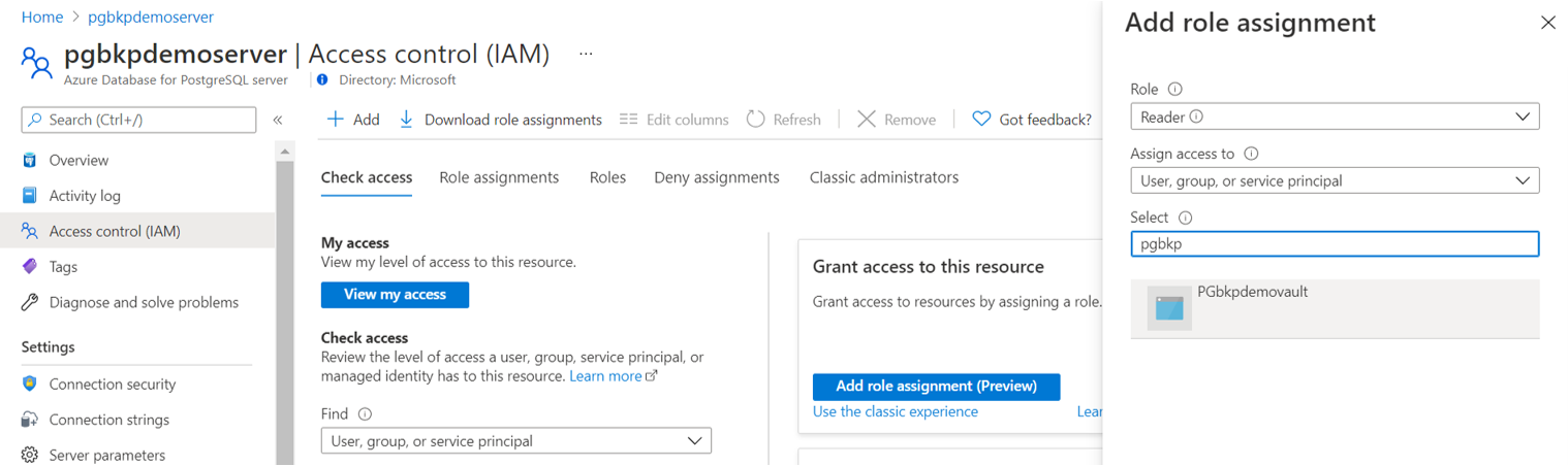 Képernyőkép az Azure Backup-tároló M S I-olvasó hozzáférésének beállításáról egy Azure Database for PostgreSQL-kiszolgálón.