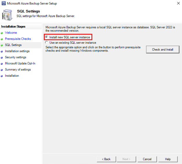 Képernyőkép az Azure Backup Server SQL-ellenőrzéséről.