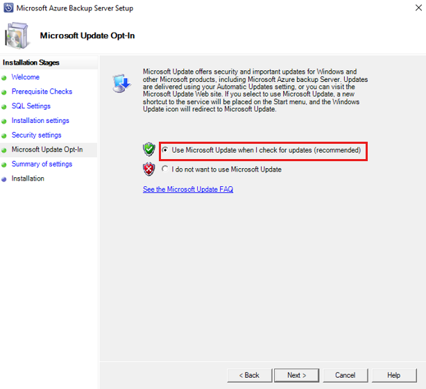 Képernyőkép a Microsoft Update Opt-In oldalról.