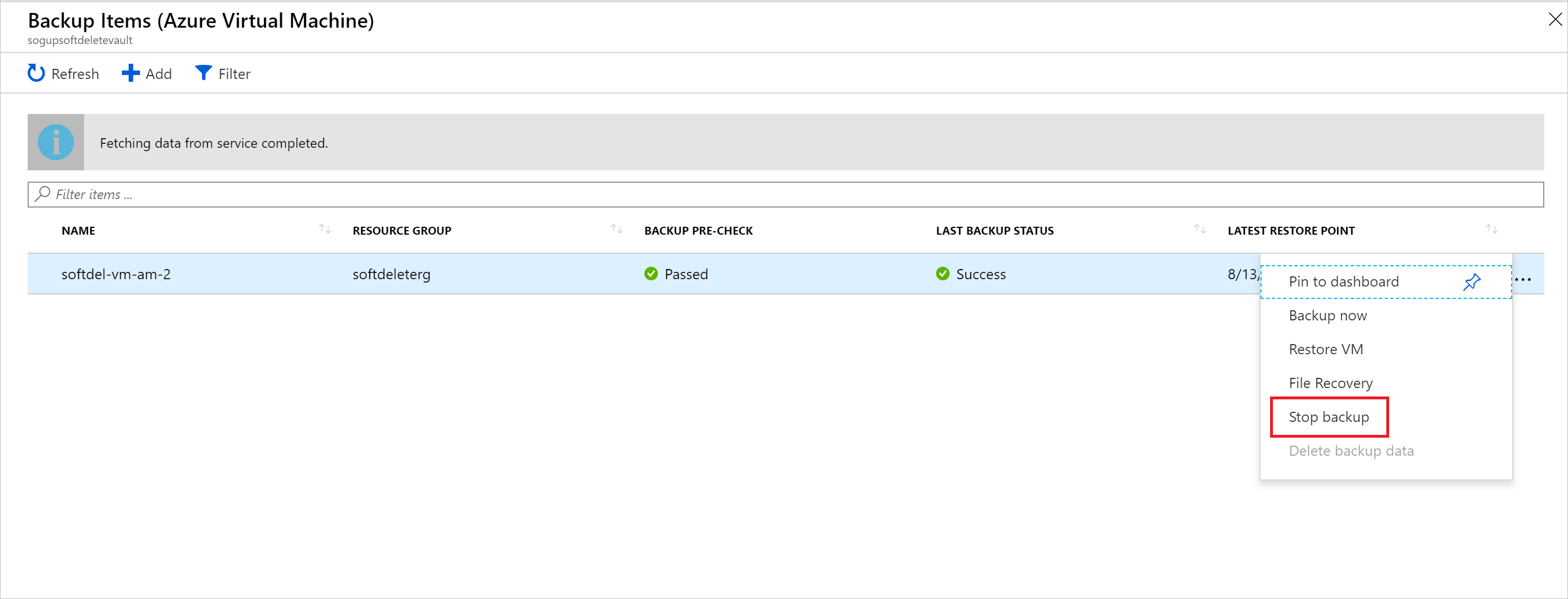 Képernyőkép az Azure Portal biztonsági mentési elemeiről