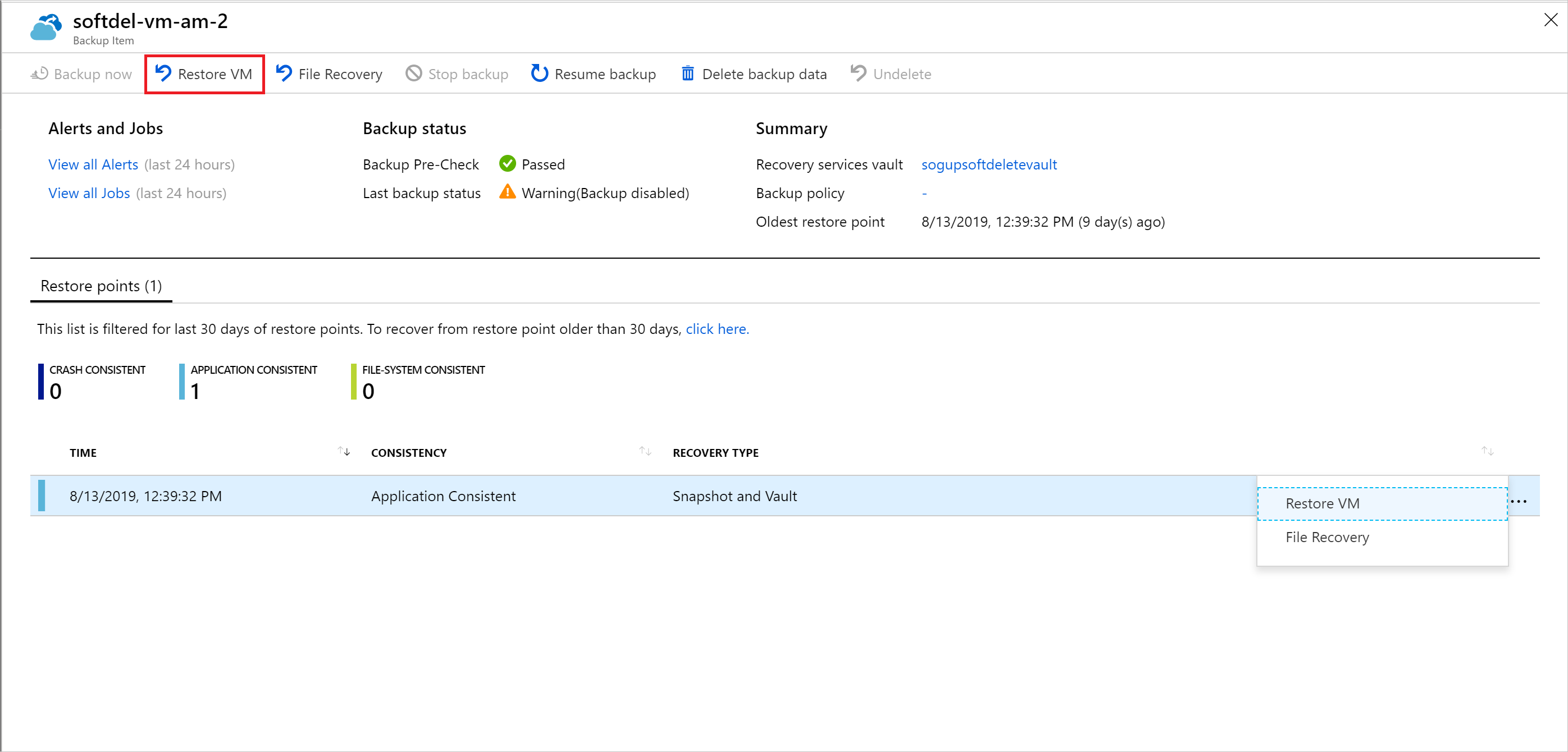 Képernyőkép az Azure Portalról, virtuális gép visszaállítása lehetőségről