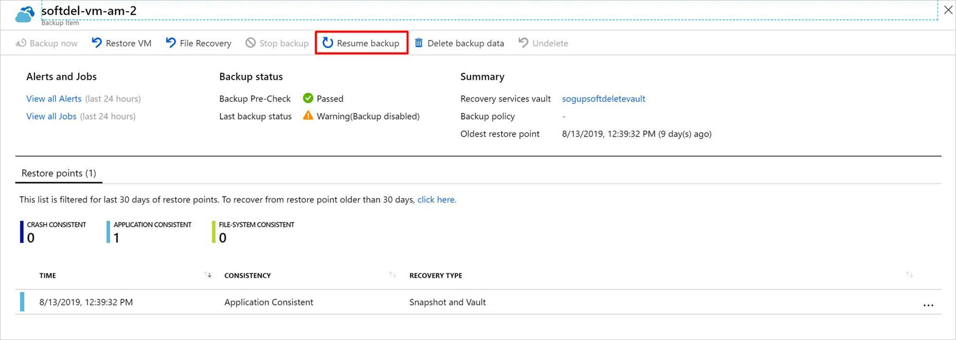 Képernyőkép az Azure Portalról, a Biztonsági mentés folytatása lehetőségről