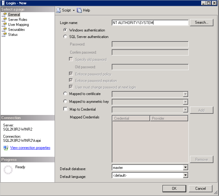 Az SSMS bejelentkezési neve