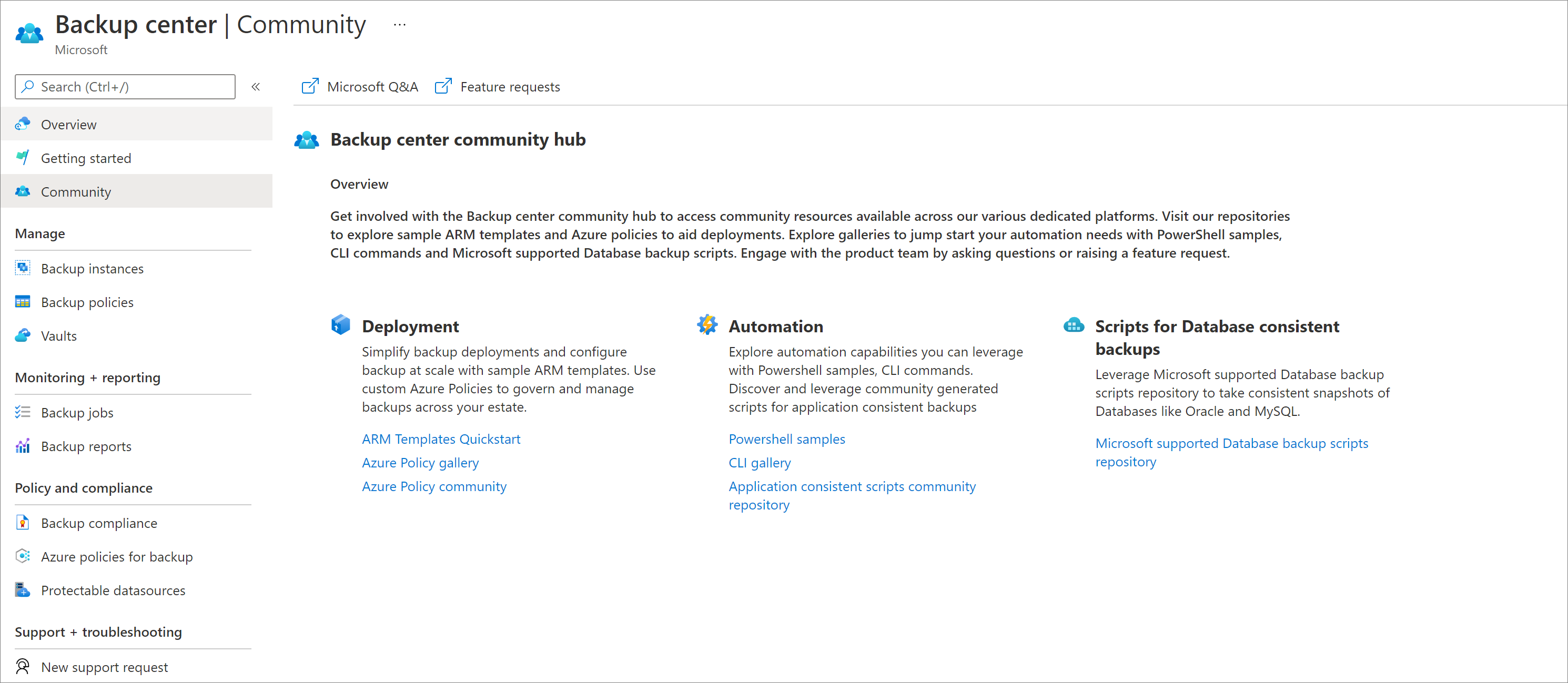 Képernyőkép arról, hogyan érheti el a Community Hubot a Backup centeren keresztül.