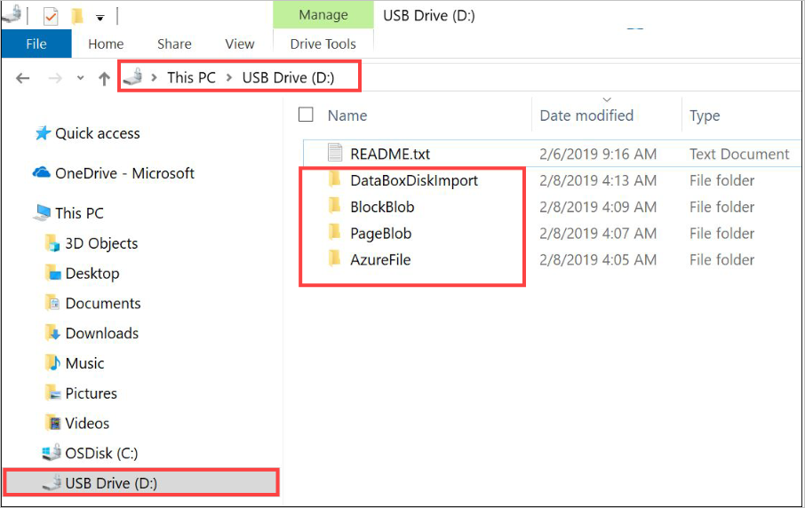 Képernyőkép az Azure Data Box-lemez gyökérkönyvtáráról.