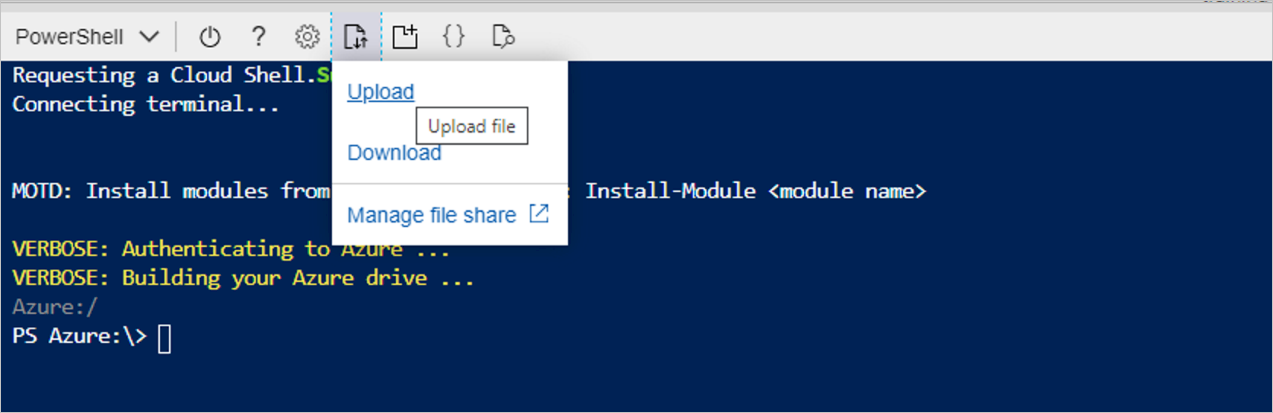 Válassza a Fájl feltöltése lehetőséget a PowerShell-ablakban