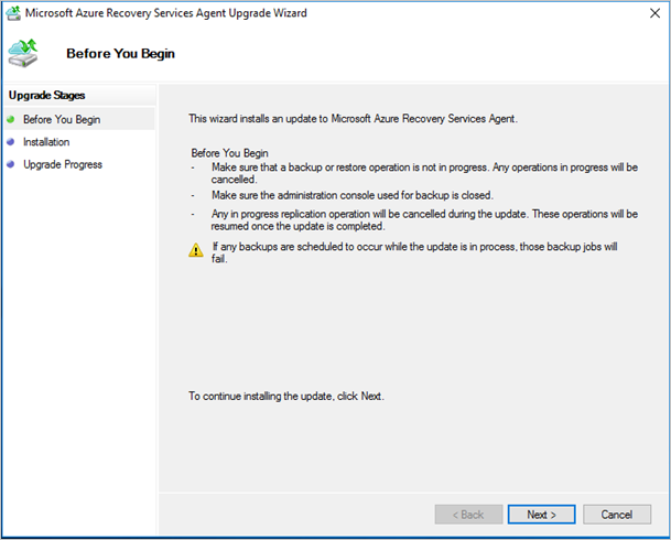 Képernyőkép arról, hogyan frissítheti a MARS-ügynököt a Microsoft Azure Recovery Services-ügynök frissítése varázslóval.