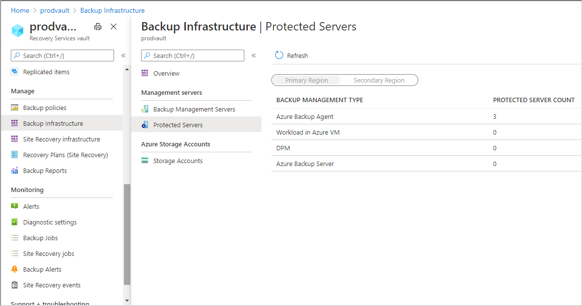 Képernyőkép az Azure Backup-kiszolgáló telepítései részeként telepített MARS-ügynökök listájáról.