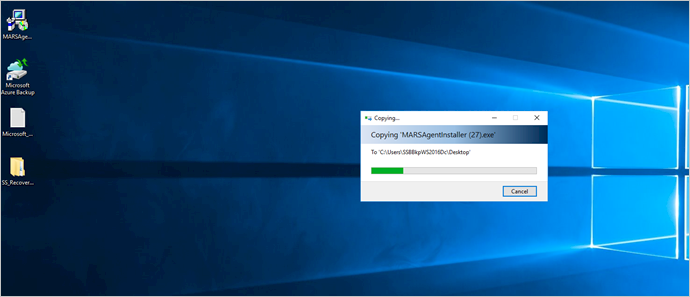 Képernyőkép az Azure Backup-ügynök frissítési telepítőjének kiszolgálóra másolásáról.