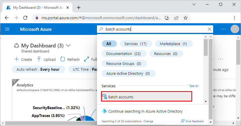 Képernyőkép a Batch-fiókok azure portalon való kiválasztásáról.