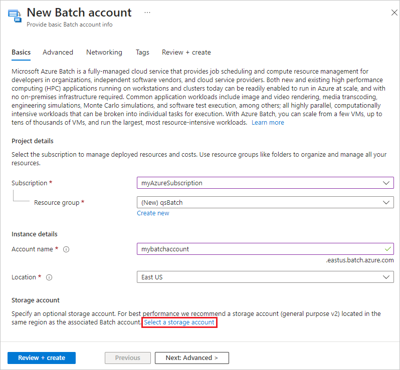 Képernyőkép az Új Batch-fiók oldaláról az Azure Portalon.