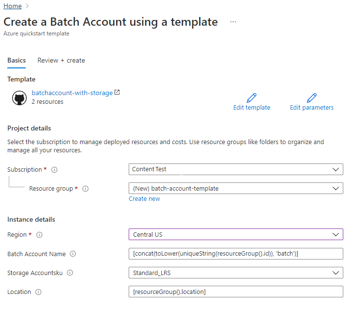 Resource Manager-sablon, Batch-fiók létrehozása, portál üzembe helyezése