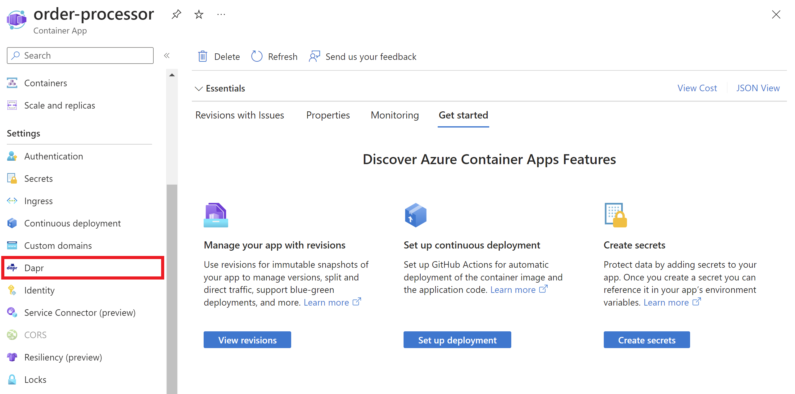 Képernyőkép arról, hogy hol engedélyezheti a Daprt a tárolóalkalmazásban az Azure Portal nézeten keresztül.