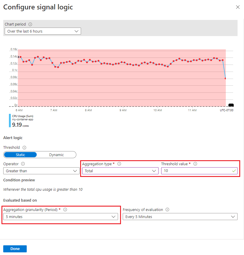 Képernyőkép az Azure Container Apps riasztásjel-logikájának konfigurálásához.