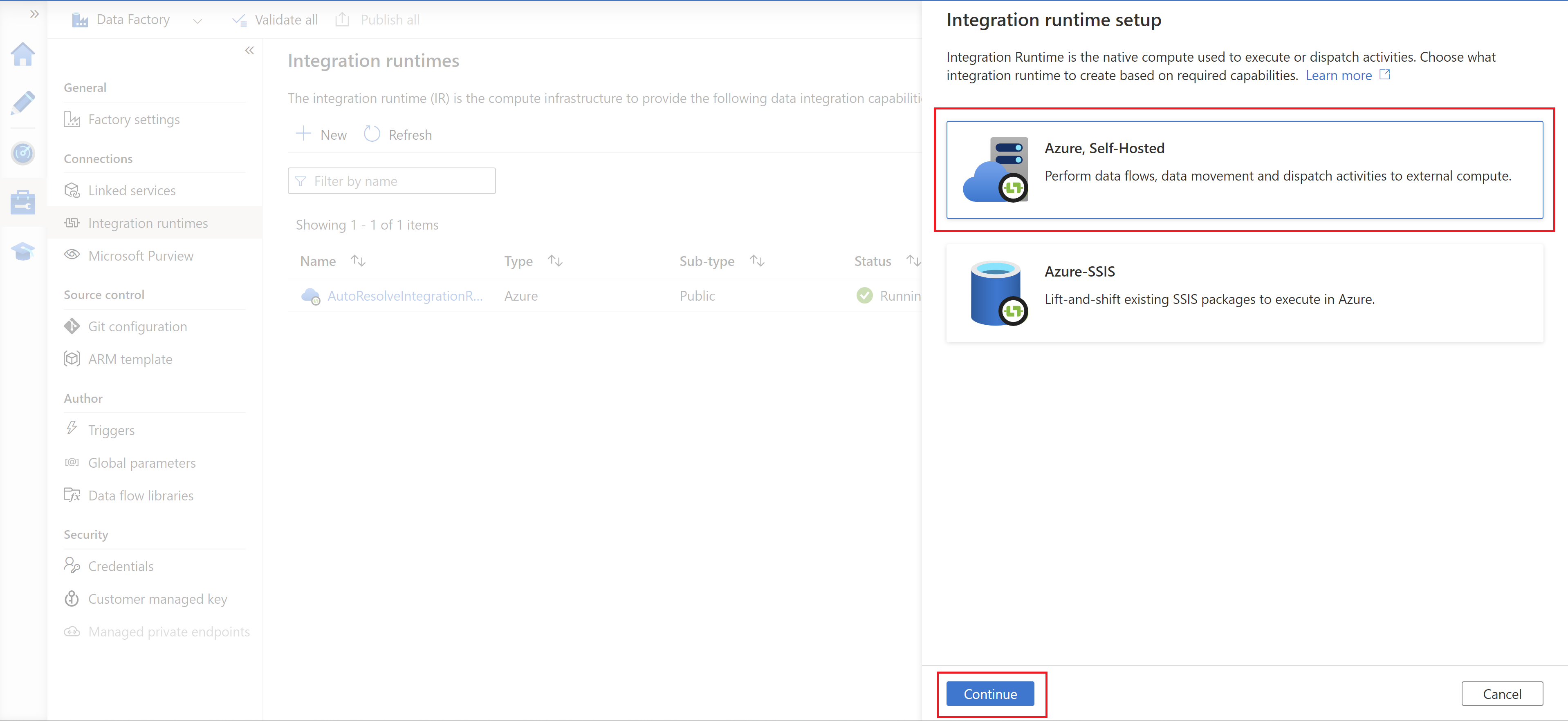 Képernyőkép az Azure saját üzemeltetésű integrációs modulról.
