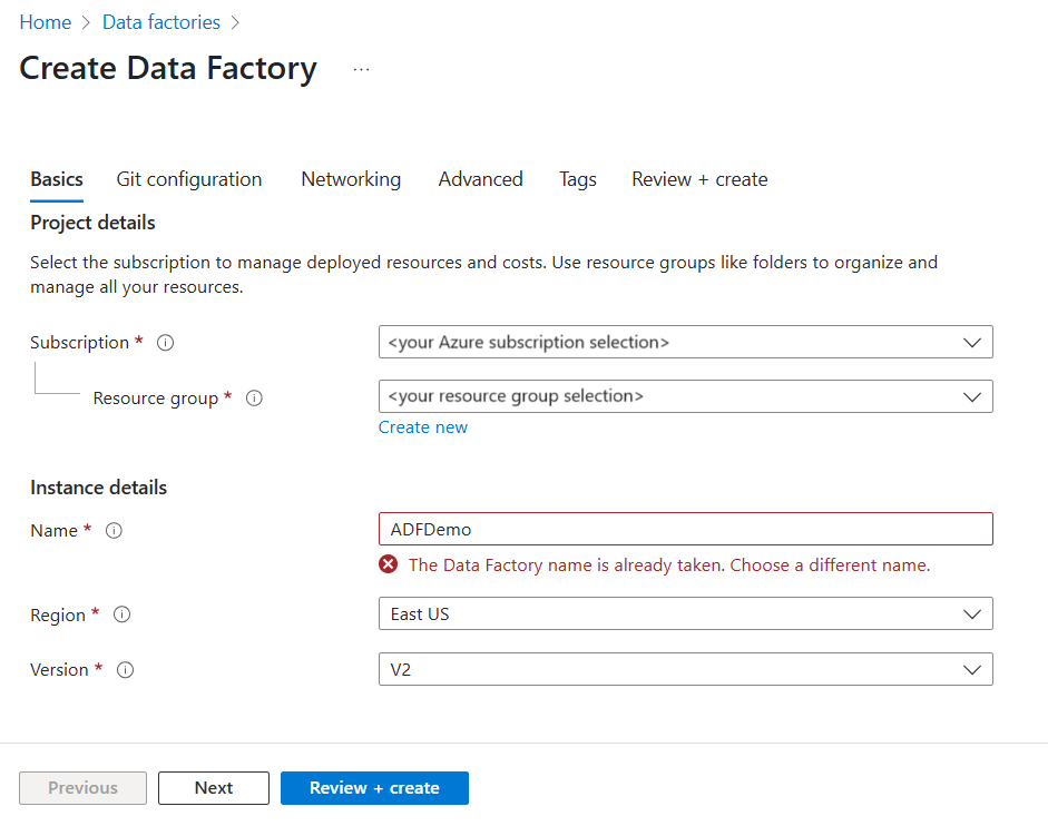 Új Data Factory-hibaüzenet ismétlődő név esetén.