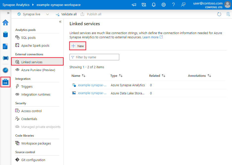 Képernyőkép egy új kapcsolt szolgáltatás létrehozásáról az Azure Synapse felhasználói felületén.