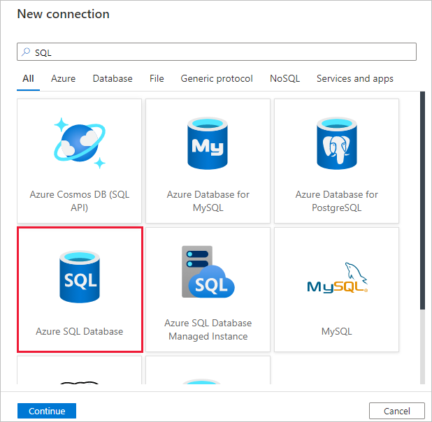 Azure SQL-adatbázis kiválasztása