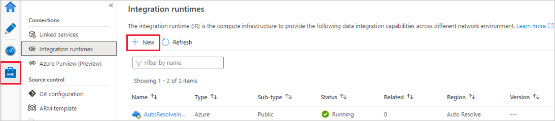 Screenshot, amely egy új Azure IR létrehozását mutatja.