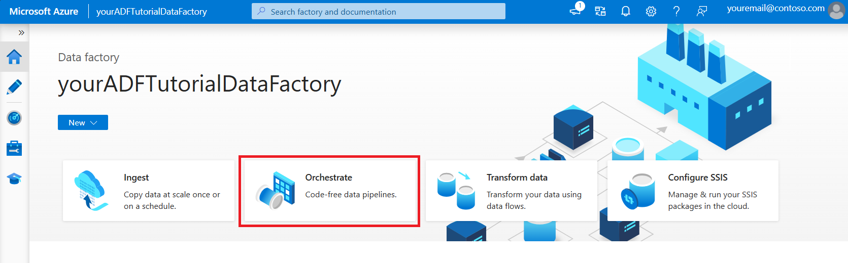 Az Azure Data Factory kezdőlapja.