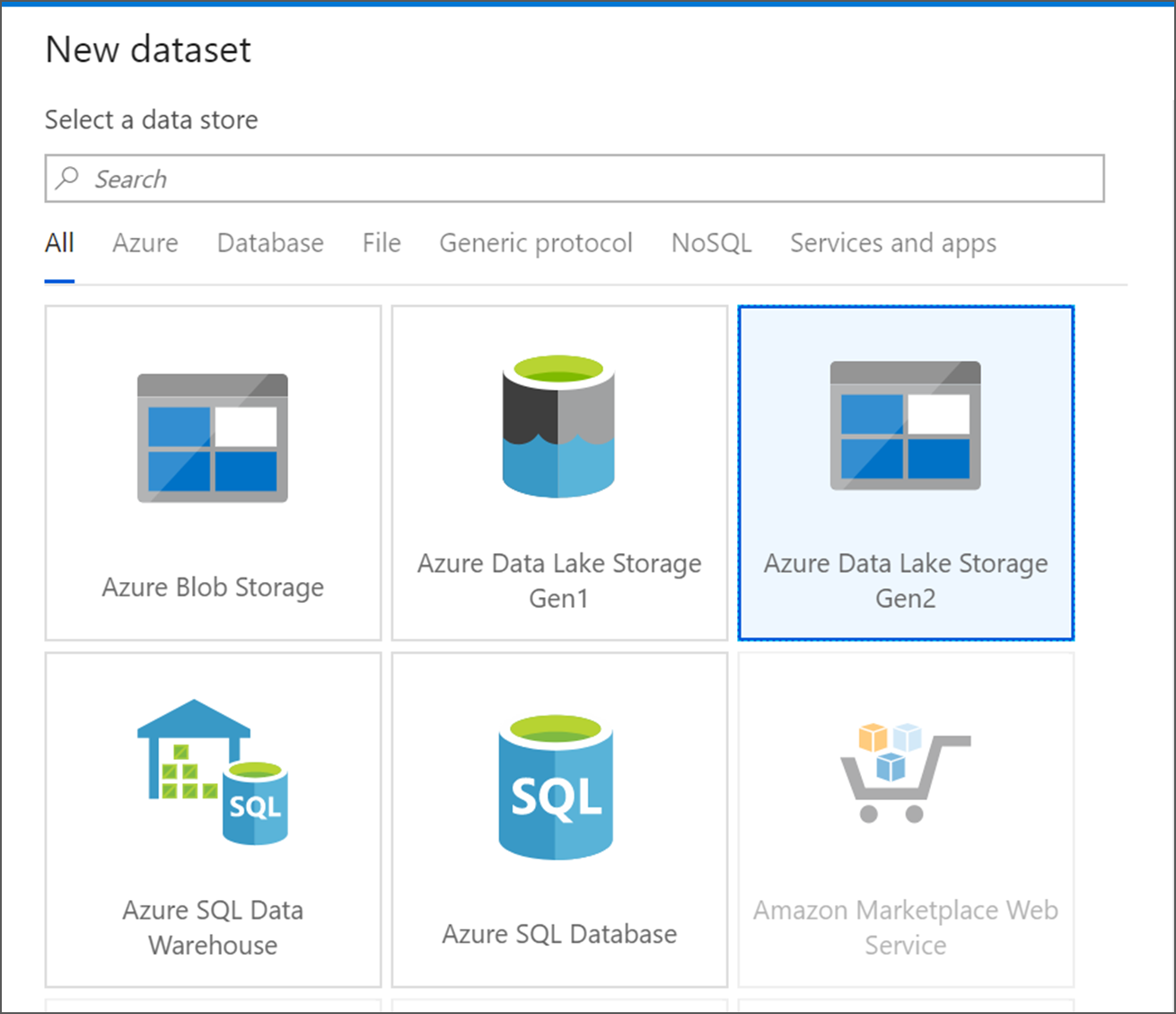 Képernyőkép, amely megmutatja az Azure Data Lake Storage Gen2 csempe helyét.