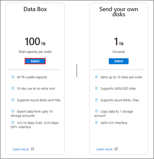Data Box-exportálási rendelés létrehozásakor az elérhető Data Box-kapacitásbeállítások képernyőképe.