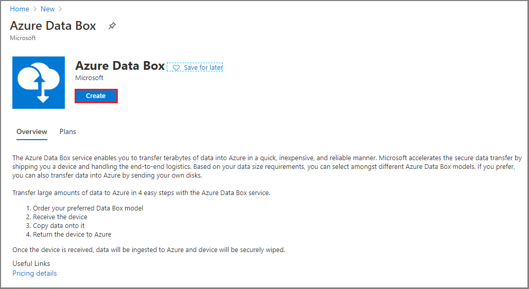Az Új erőforrás lap képernyőképe új Azure Data Box-erőforrás létrehozásakor.