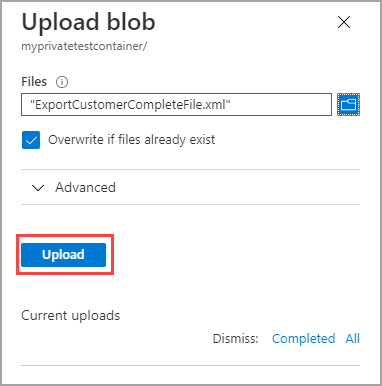 A tárolóba feltöltendő blob párbeszédpanel képernyőképe.