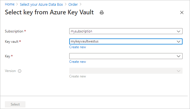 Képernyőfelvétel a meglévő Azure Key Vault-beállítások konfigurálásakor megjelenő vezérlőkről a Data Box exportálási rendelés Biztonsági lapján.