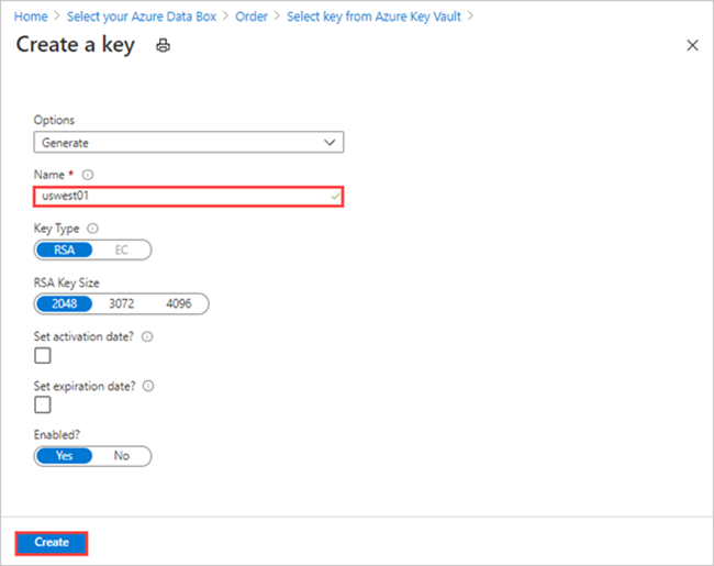 Az Új kulcs beállításainak képernyőfelvétele új Azure Key Vault-kulcs létrehozásakor az ügyfél által felügyelt kulcs megadásához a Data Box exportálási rendelés Biztonsági lapján.