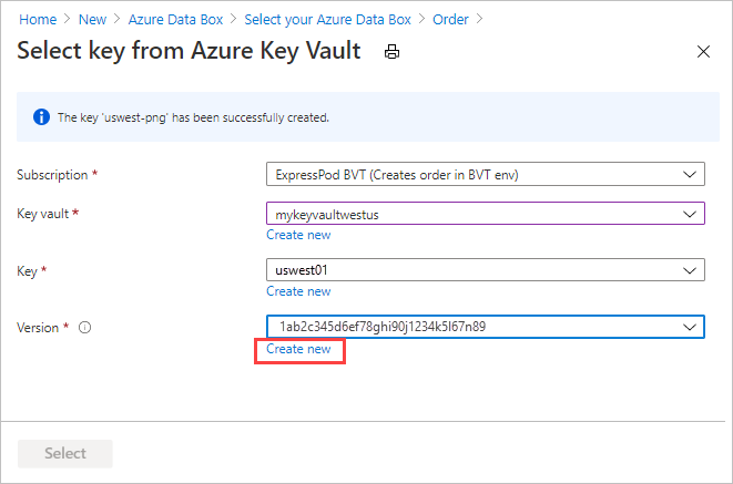 Képernyőfelvétel az új Azure Key Vault-kulcs létrehozásakor megjelenő megerősítő üzenetről, amely ügyfél által felügyelt kulcsot biztosít a Data Box exportálási rendelés Biztonsági lapján.