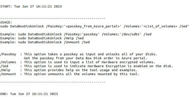A Data Box Disk Unlock Segédprogram súgóparancsának mintakimenetét megjelenítő képernyőfelvétel.