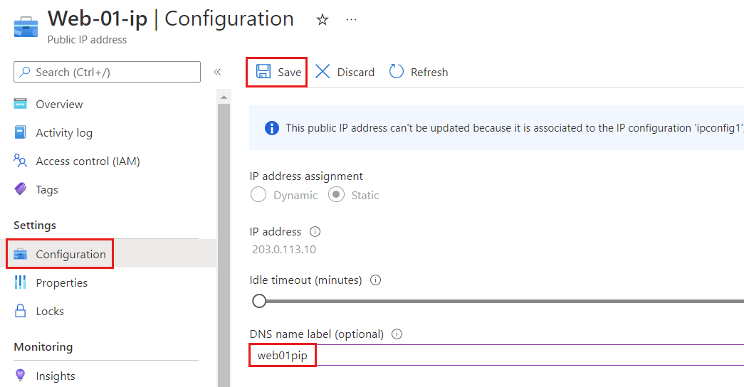 Az Azure nyilvános IP-cím konfigurációs oldalának képernyőképe, amelyen a DNS névcímke látható.