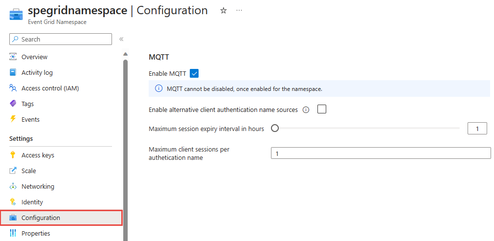 Képernyőkép az Event Grid MQTT-beállításairól.