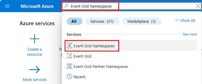 Képernyőkép az Event Grid-névterekről a keresési eredmények között.