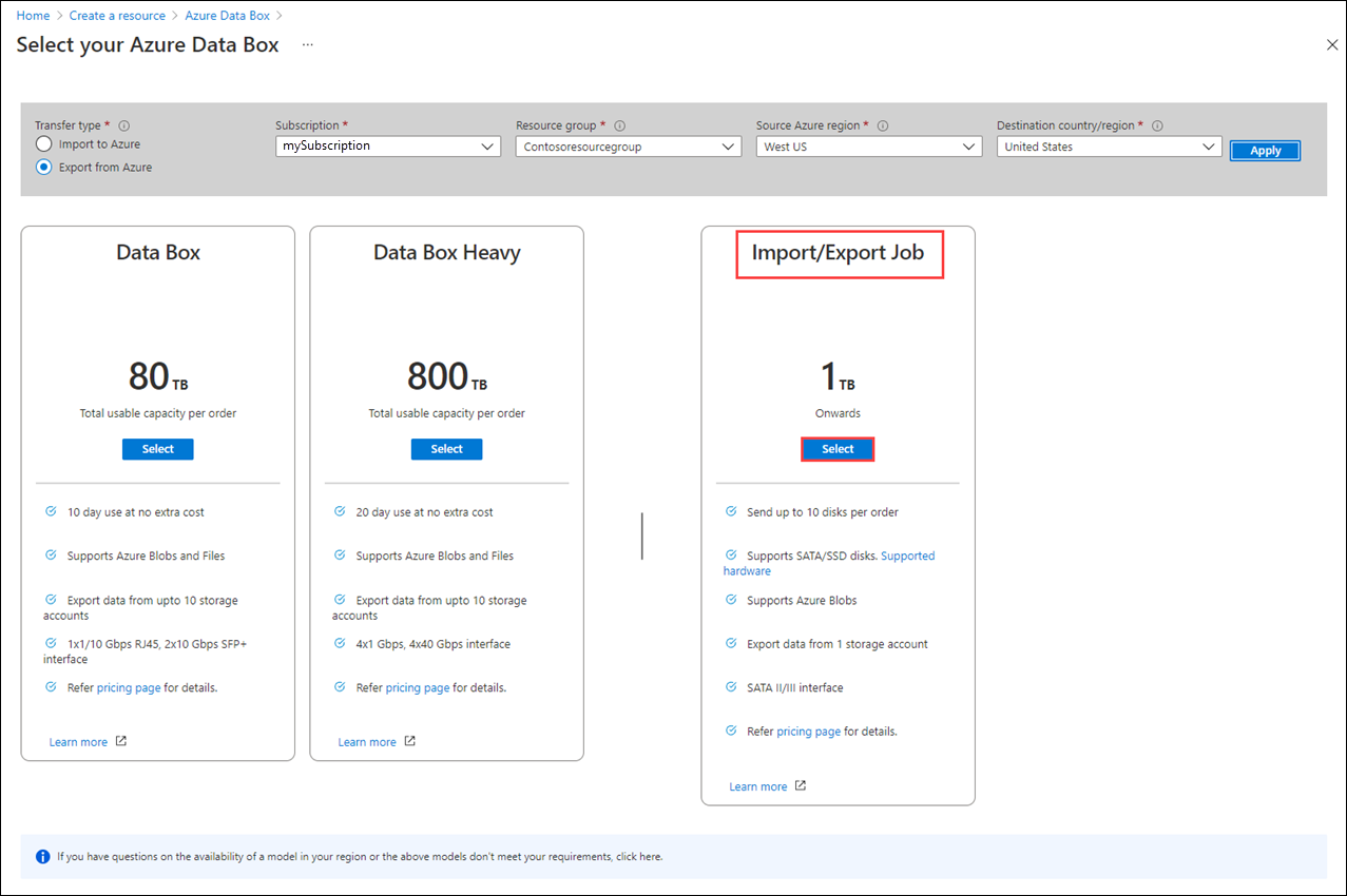 Képernyőkép egy új Data Box-rendelés termékbeállításairól. Az Import Export Feladat kiválasztás gombja ki van emelve.