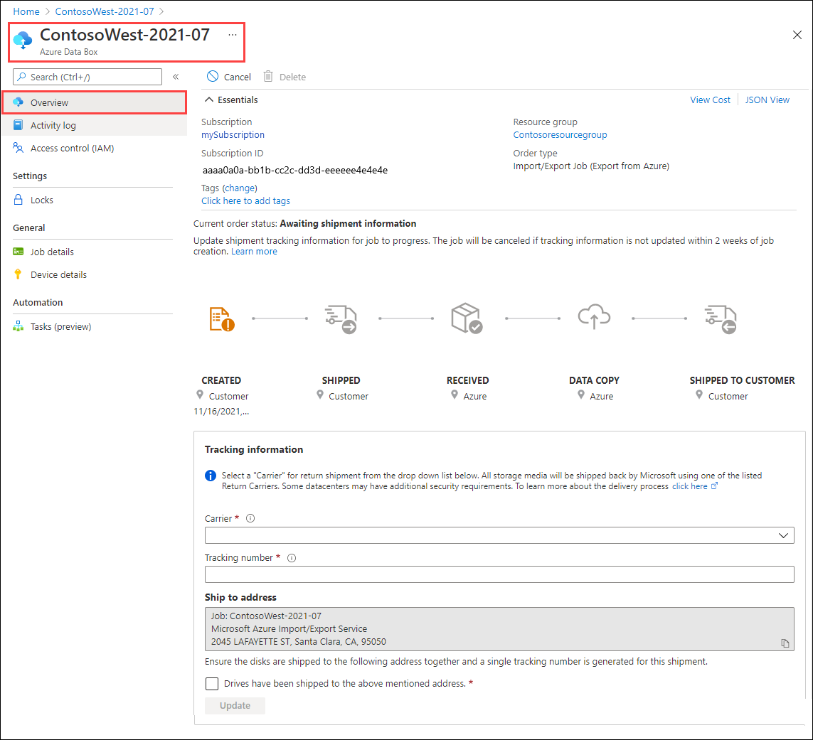 Képernyőkép egy Azure Import Export-feladat Áttekintés paneljéről a Portál Létrehozás állapotában.