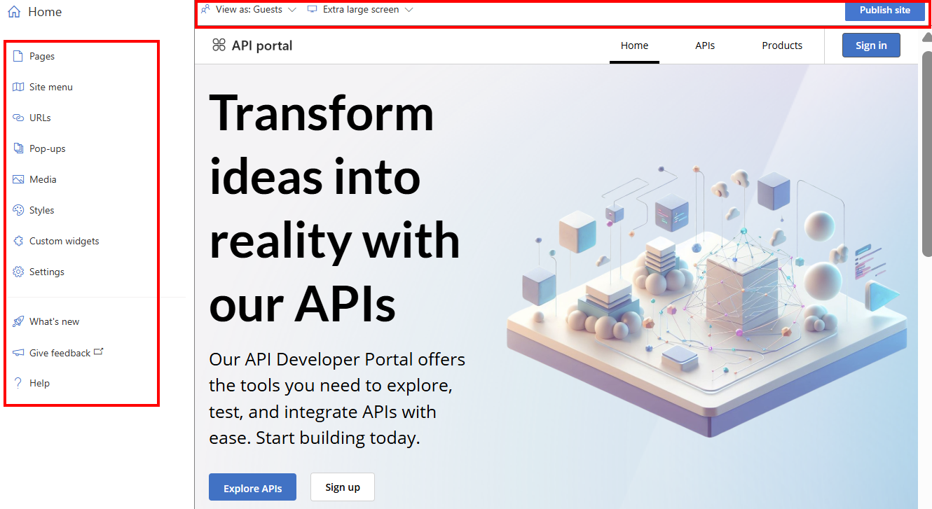 Képernyőkép a vizualizációszerkesztőről a fejlesztői portálon.