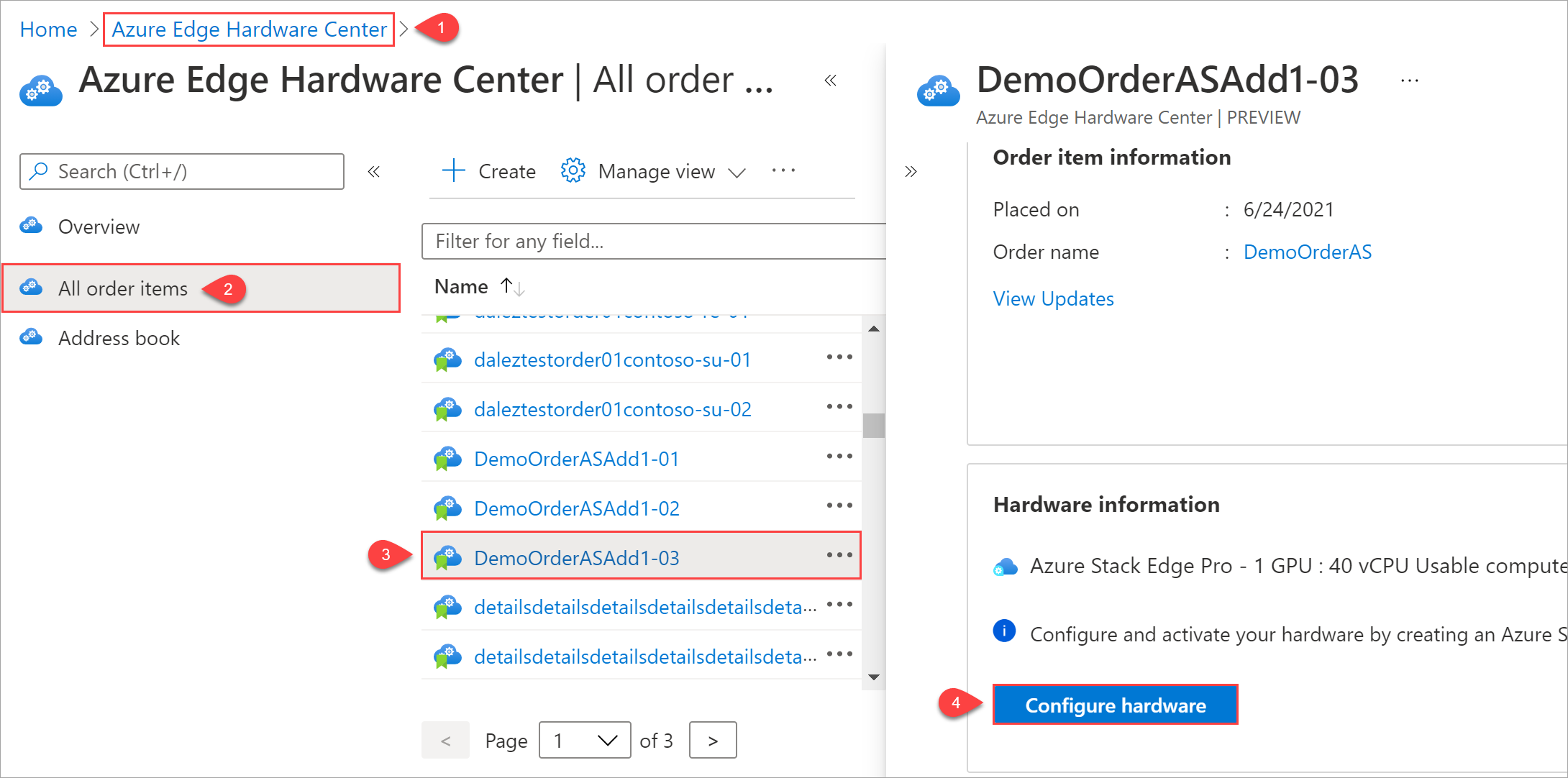 Az Azure Edge Hardverközpontban található rendeléselemből történő felügyeleti erőforrás-létrehozás elindításának 4 lépését bemutató ábra.