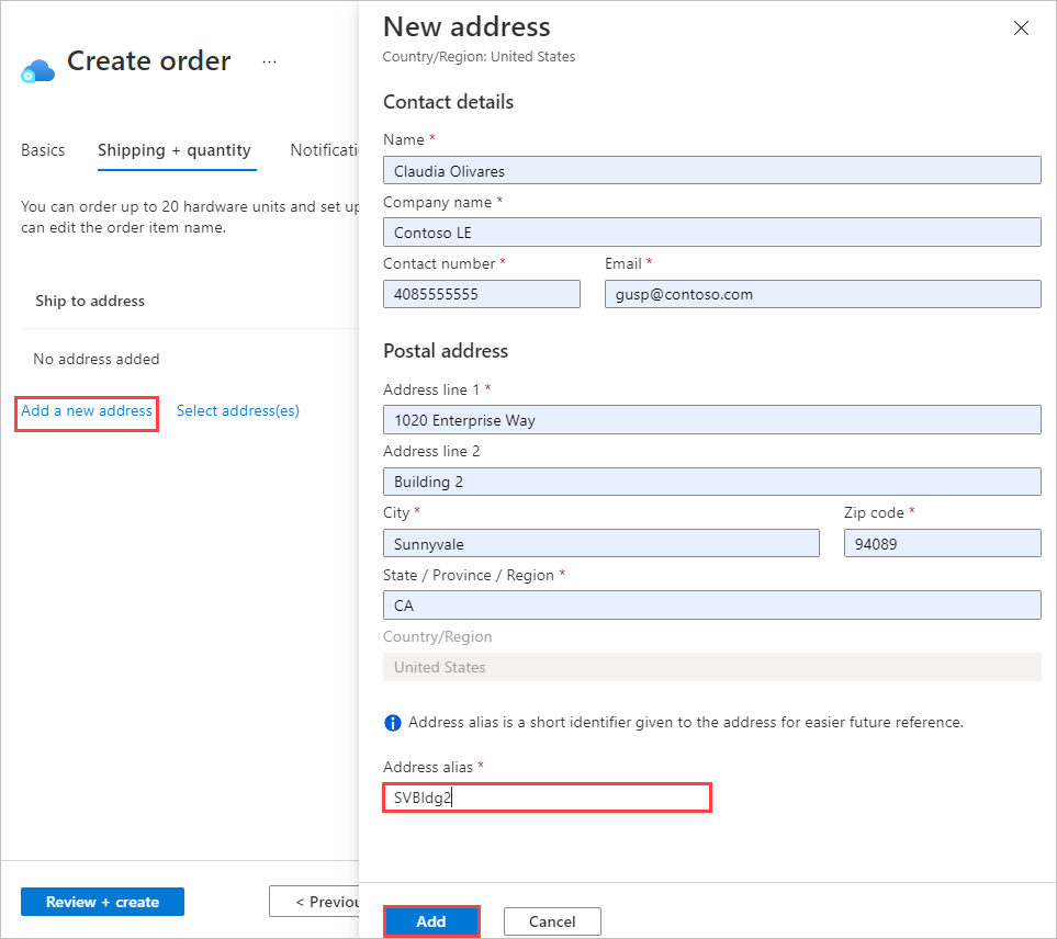 Képernyőkép az Új cím képernyőről az Azure Edge Hardverközpont rendeléséhez. A cím aliasbeállítása és a Hozzáadás gomb ki van emelve.