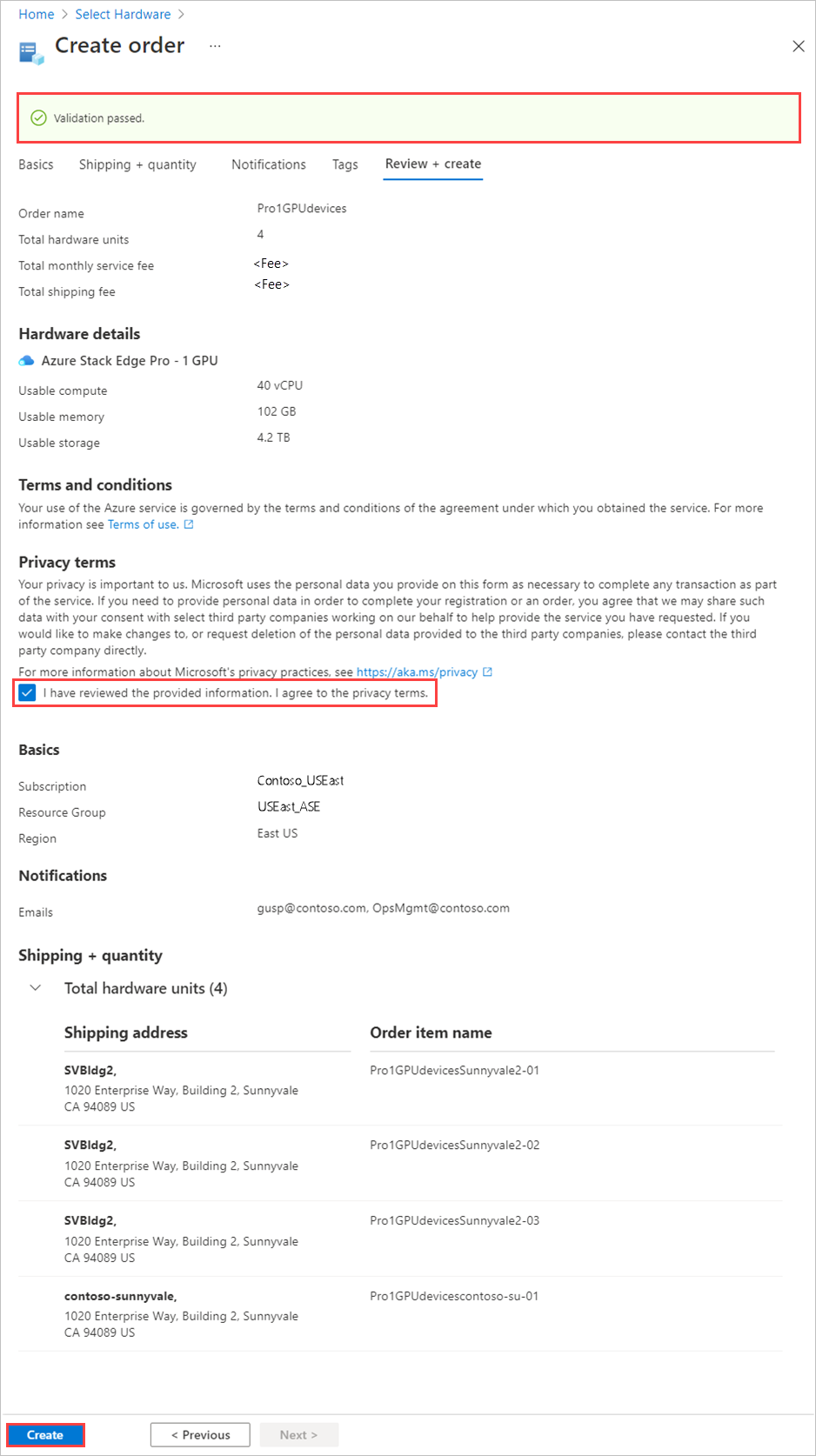 Képernyőkép egy Azure Edge Hardverközpont rendelésének Felülvizsgálat és létrehozás lapjáról