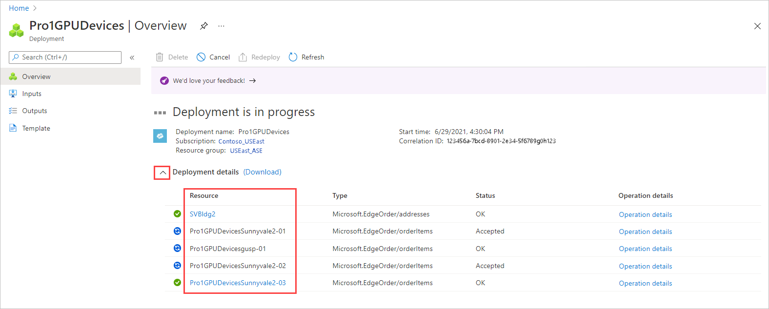 Képernyőkép az Üzembe helyezés részleteiről egy Azure Edge Hardverközpont-rendelés üzembe helyezésekor. Az erőforrás részletei ki vannak emelve.