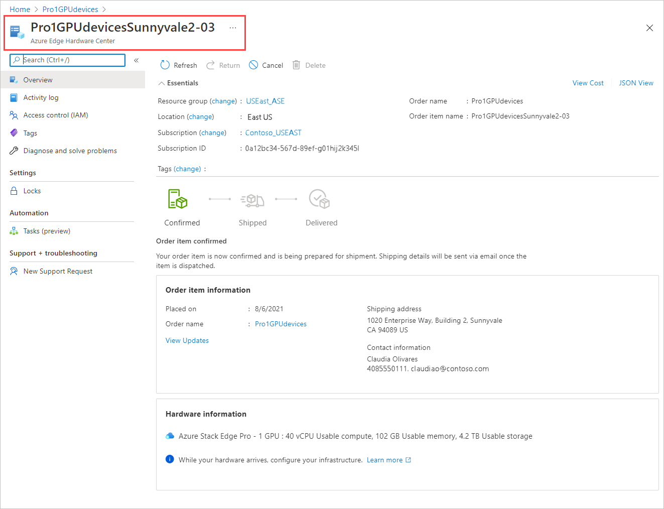 Képernyőkép egy kijelölt erőforrás erőforrás-részleteiről egy Azure Edge Hardverközpont-sorrendben. Az erőforrás neve ki van emelve.