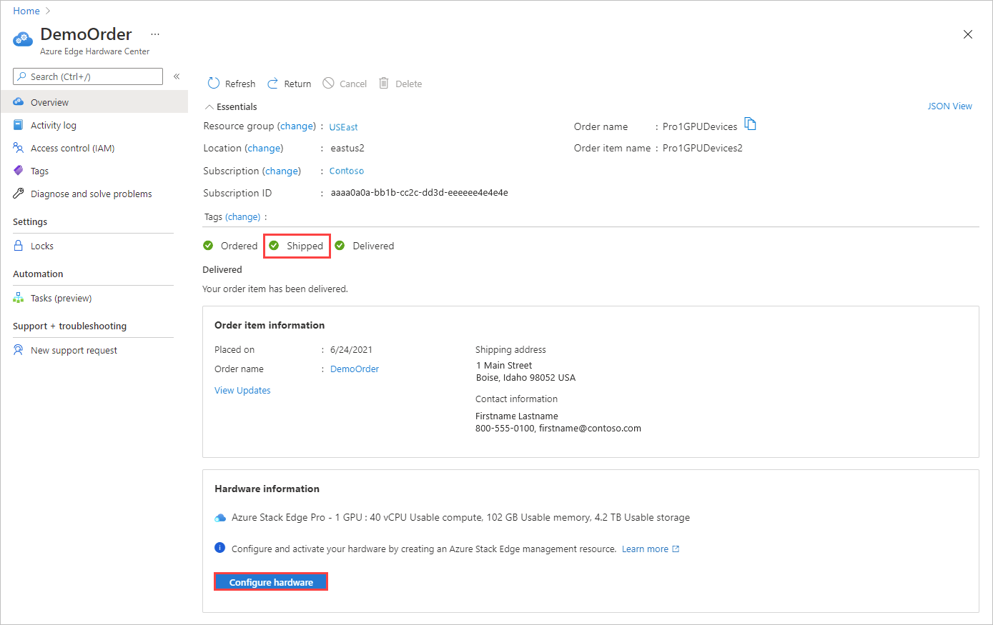 Képernyőkép az Azure Edge Hardverközpontból kiszállított rendelési tétel hardverbeállításának konfigurálására.