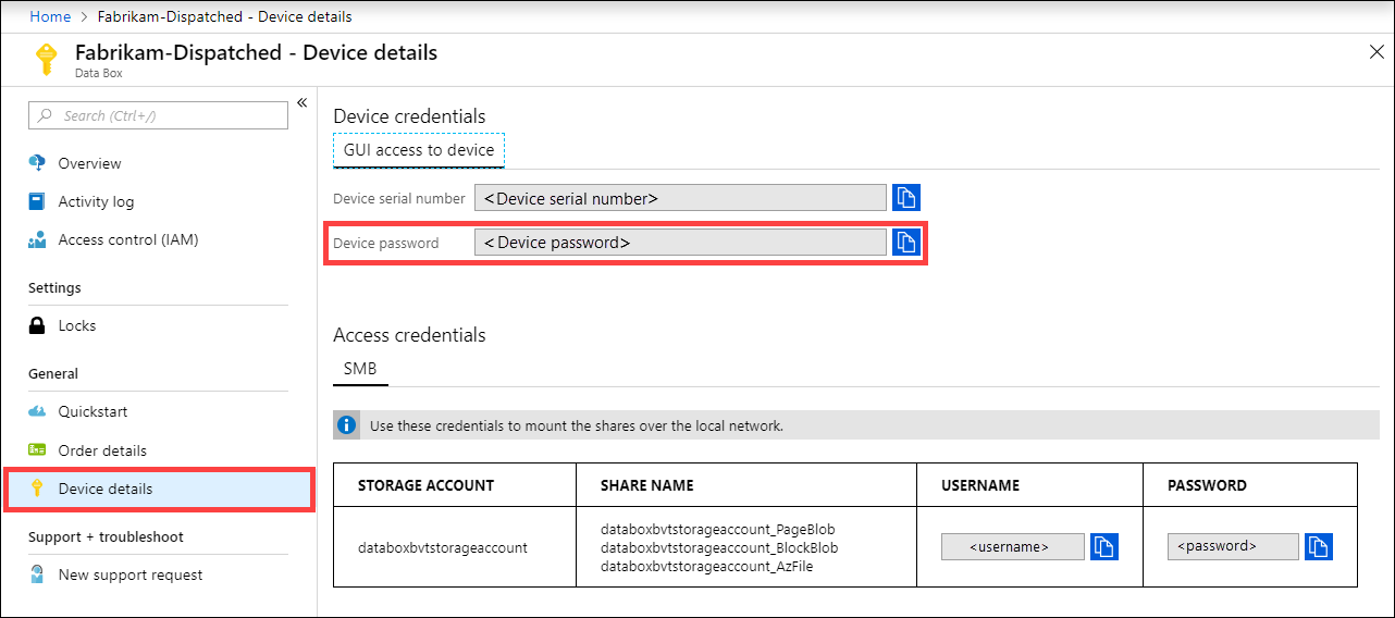 Képernyőkép egy Data Box-eszköz eszközadatairól az Azure Portalon. Az Eszköz részletei menüelem és az Eszközjelszó lehetőség ki van emelve.