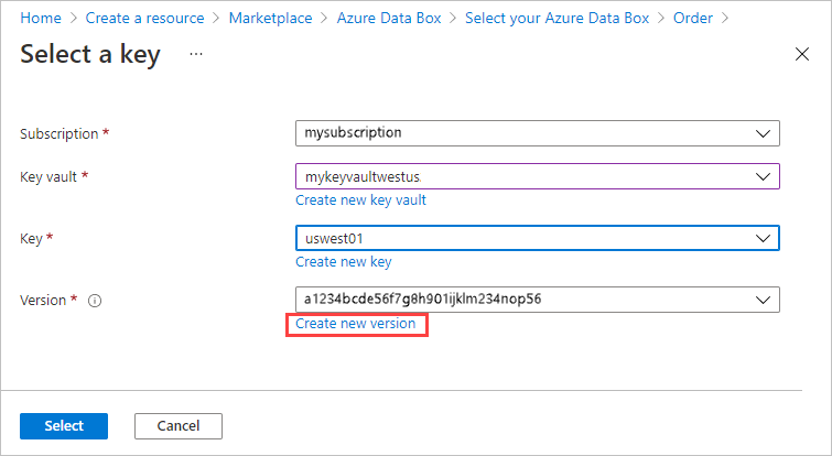 Képernyőkép a Kulcs létrehozása képernyőről az Azure Key Vaultban. Az Új verzió létrehozása hivatkozás ki van emelve.