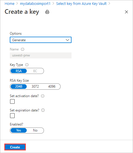Képernyőkép az Azure Key Vault „Kulcs létrehozása” párbeszédpanelről a mezőbeállítások példáival. A Létrehozás gomb ki van emelve.