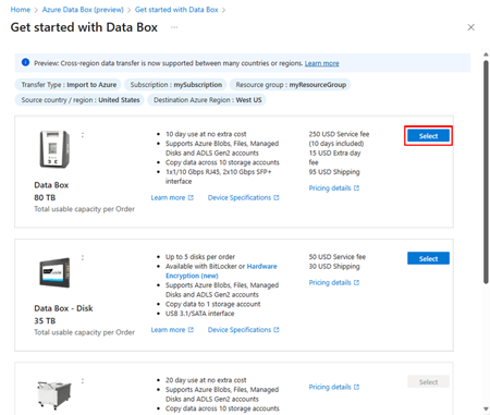 Képernyőkép egy Azure Data Box-termék kiválasztására szolgáló képernyőről. A Data Box Kiválasztás gombja ki van emelve.